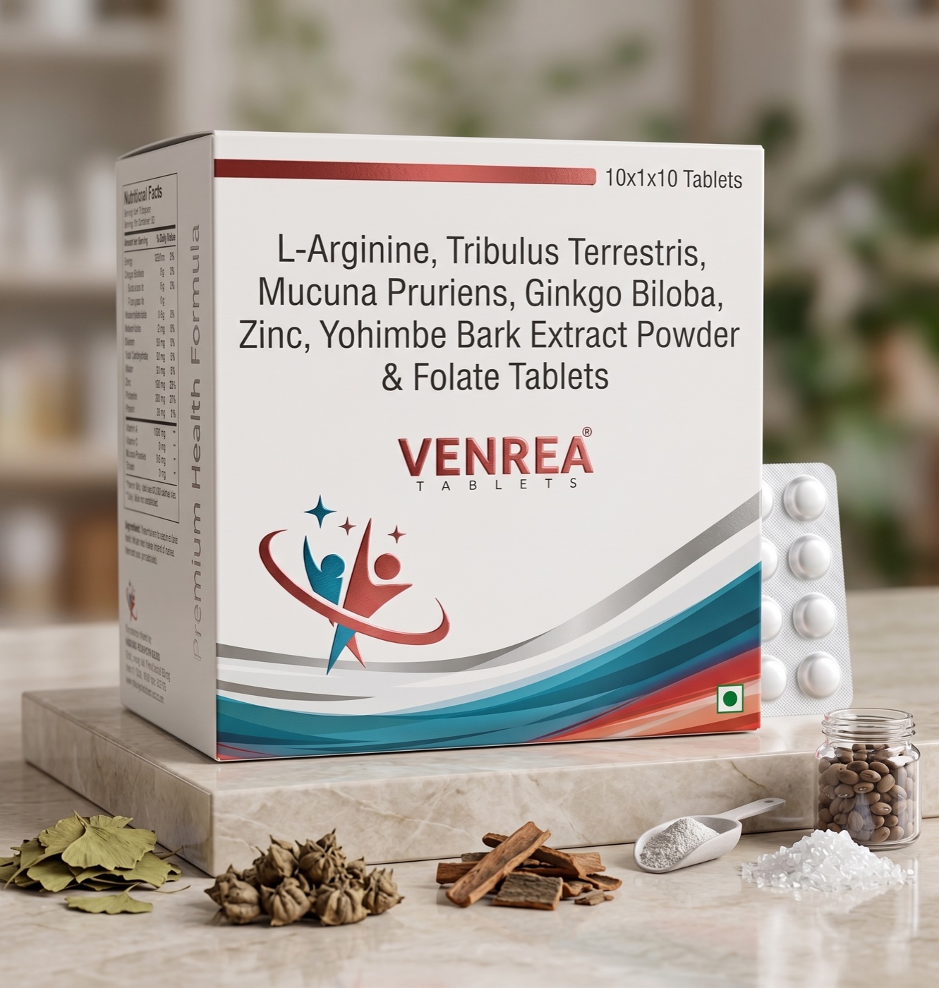 Venrea Tablets pack by Aslay Biogen shown with ginkgo leaves, tribulus and other botanical ingredients
