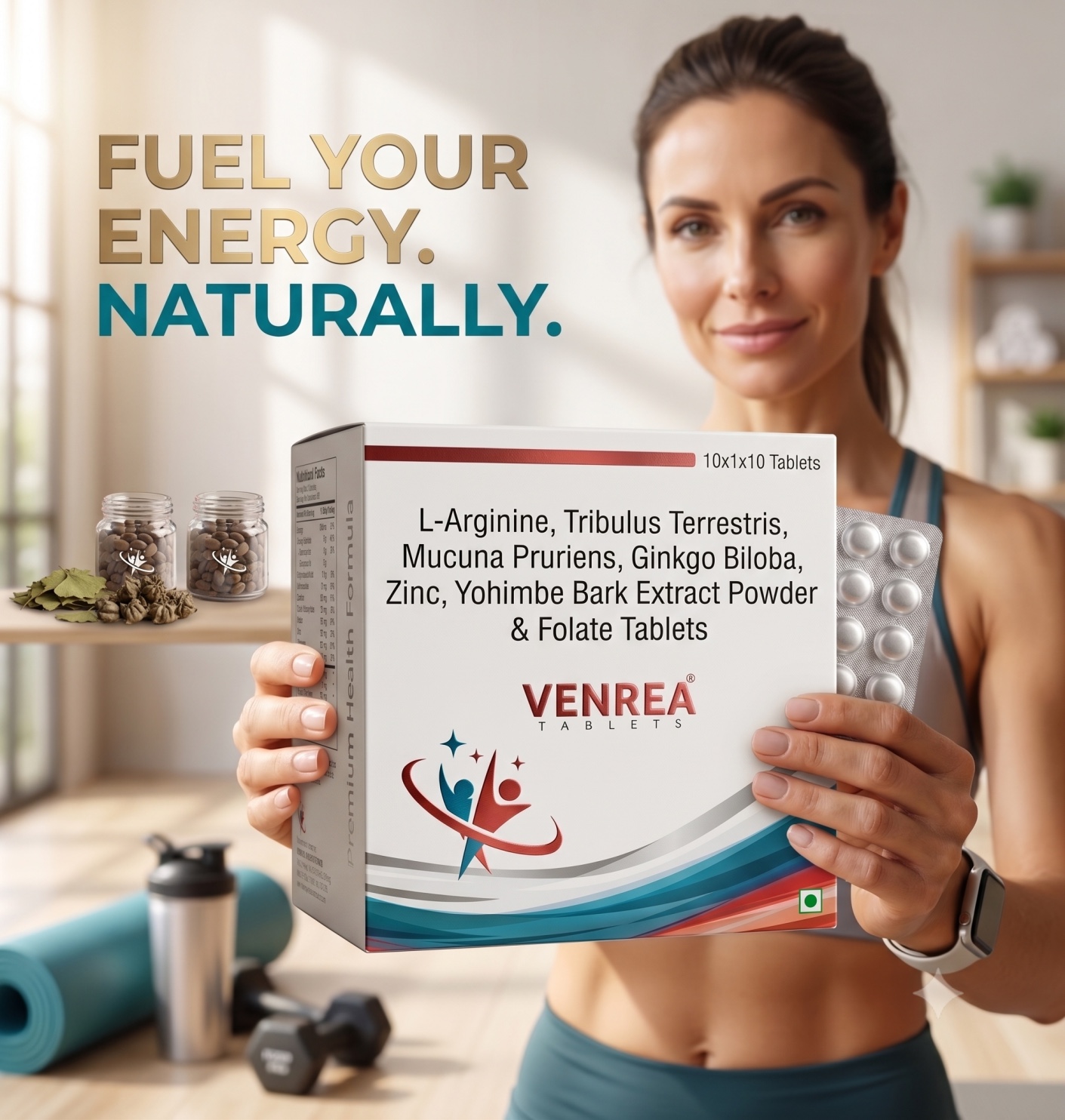 A person holding a pack of Venrea Tablets in a bright home workout setting